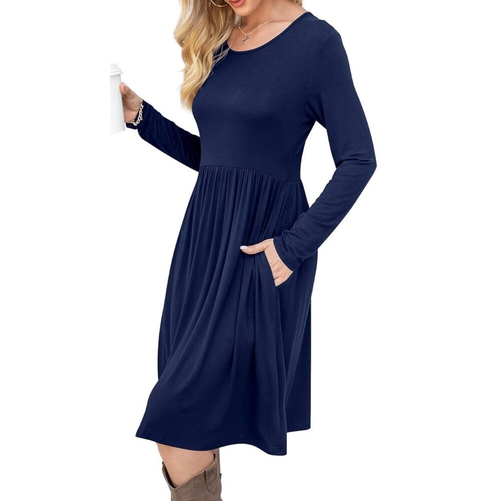 DB Moon Women Navy Blue Long Sleeve Empire Waist Midi Dress with Pockets Size S
